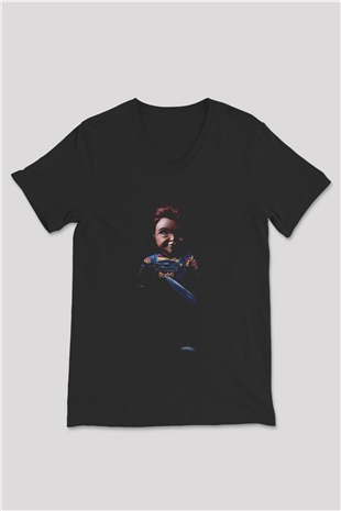 Unisex Chucky (Childs Play) Baskılı Siyah V Yaka Tişört