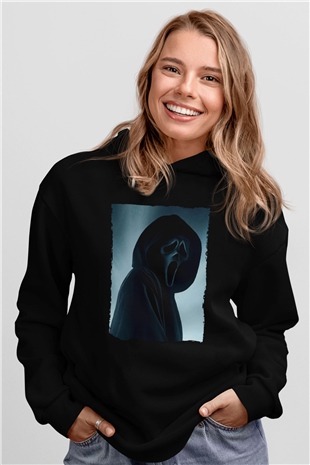 Unisex Çığlık (Scream) Baskılı Siyah Kapüşonlu Sweatshirt