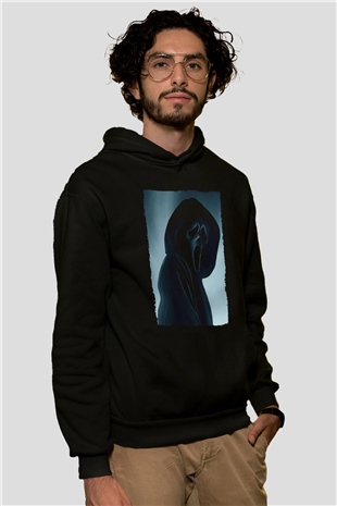 Unisex Çığlık (Scream) Baskılı Siyah Kapüşonlu Sweatshirt