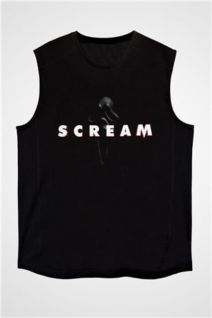 Unisex Çığlık (Scream) Baskılı Siyah Kolsuz Tişört