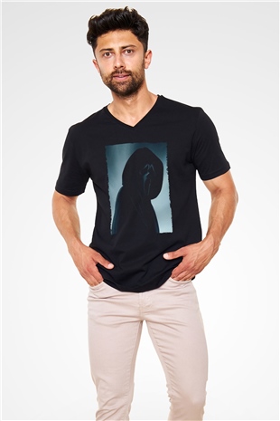 Unisex Çığlık (Scream) Baskılı Siyah V Yaka Tshirt