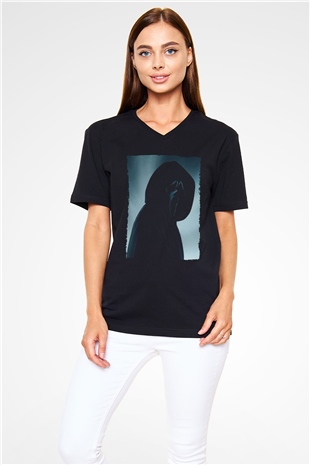 Unisex Çığlık (Scream) Baskılı Siyah V Yaka Tshirt