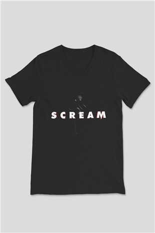 Unisex Çığlık (Scream) Baskılı Siyah V Yaka Tişört