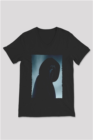 Unisex Çığlık (Scream) Baskılı Siyah V Yaka Tshirt