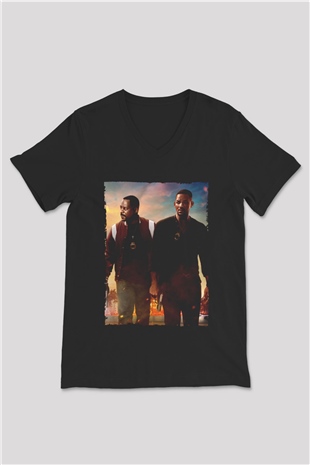 Unisex Çılgın İkili 3 (Bad Boys for Life) Baskılı Siyah V Yaka Tişört