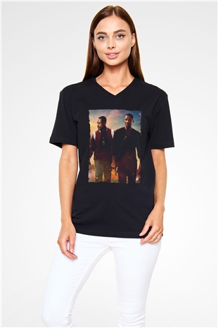 Unisex Çılgın İkili 3 (Bad Boys for Life) Baskılı Siyah V Yaka Tişört