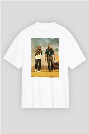 Unisex Çılgın İkili - Bad Boys Baskılı Beyaz Oversize Oversize T-shirt