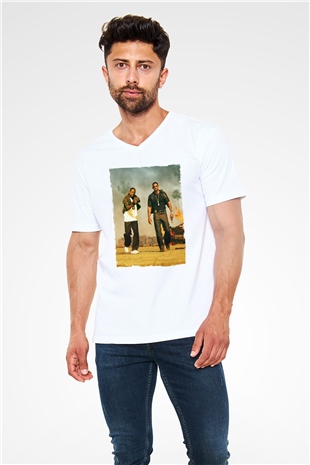 Unisex Çılgın İkili - Bad Boys Baskılı Beyaz V Yaka Tshirt