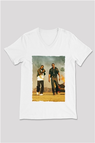 Unisex Çılgın İkili - Bad Boys Baskılı Beyaz V Yaka Tshirt