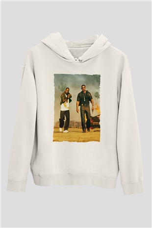 Unisex Çılgın İkili - Bad Boys Baskılı Beyaz Kapüşonlu Sweatshirt