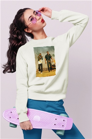 Unisex Çılgın İkili - Bad Boys Baskılı Beyaz Sweatshirt