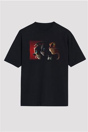 Unisex Çizmeli Kedi (Puss in Boots) Baskılı Siyah Oversize T-shirt