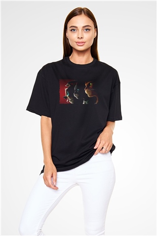 Unisex Çizmeli Kedi (Puss in Boots) Baskılı Siyah Oversize T-shirt