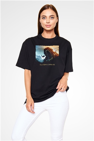 Unisex Clash of the Titans Baskılı Siyah Unisex Oversize Tshirt