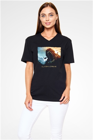 Unisex Clash of the Titans Baskılı Siyah Unisex V Yaka Tshirt