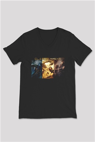 Unisex Clash of the Titans Baskılı Siyah V Yaka Tshirt