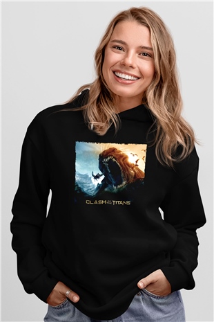 Unisex Clash of the Titans Baskılı Siyah Unisex Kapüşonlu Sweatshirt