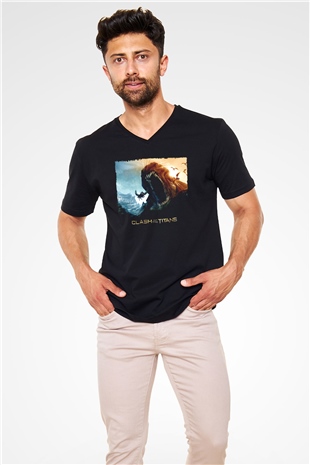 Unisex Clash of the Titans Baskılı Siyah Unisex V Yaka Tshirt