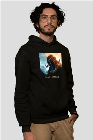 Unisex Clash of the Titans Baskılı Siyah Unisex Kapüşonlu Sweatshirt