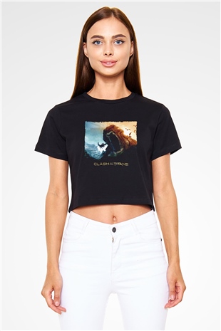 Unisex Clash of the Titans Baskılı Siyah Unisex Crop Top Tshirt