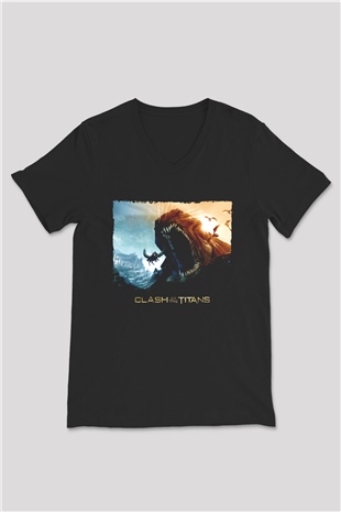Unisex Clash of the Titans Baskılı Siyah Unisex V Yaka Tshirt