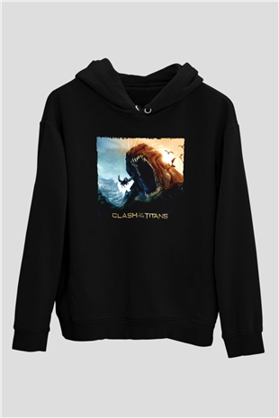 Unisex Clash of the Titans Baskılı Siyah Unisex Kapüşonlu Sweatshirt