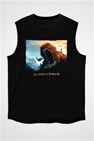 Unisex Clash of the Titans Baskılı Siyah Unisex Kolsuz Tshirt