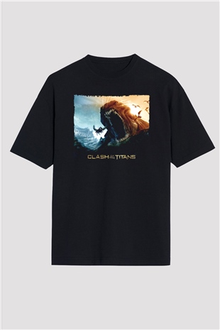 Unisex Clash of the Titans Baskılı Siyah Unisex Oversize Tshirt