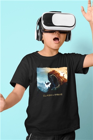 Unisex Clash of the Titans Baskılı Siyah Çocuk Unisex Tshirt