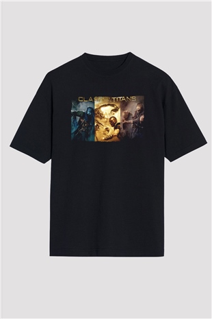 Unisex Clash of the Titans Baskılı Siyah Oversize Tshirt