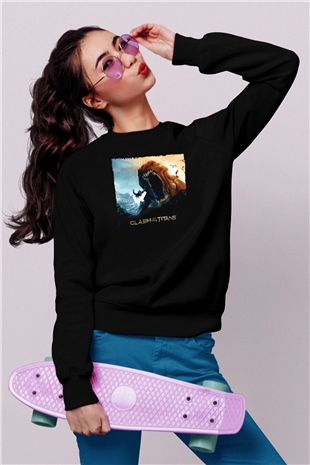Unisex Clash of the Titans Baskılı Siyah Unisex Sweatshirt