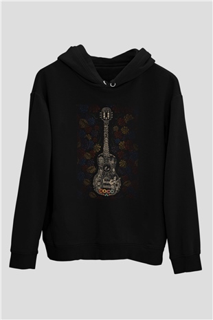 Unisex Coco Baskılı Siyah Kapüşonlu Sweatshirt