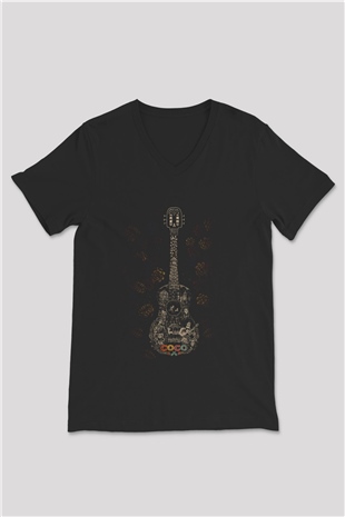 Unisex Coco Baskılı Siyah V Yaka T-shirt