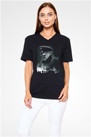 Unisex Çöküş (Downfall) Baskılı Siyah V Yaka T-shirt
