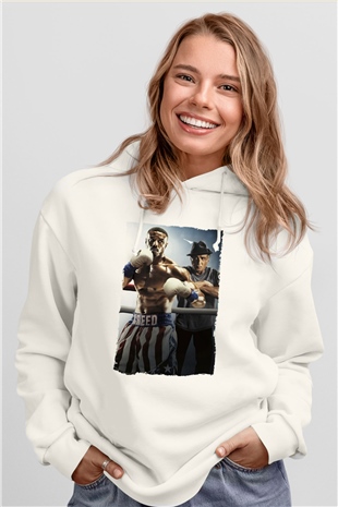 Unisex Creed II Baskılı Beyaz Kapüşonlu Sweatshirt