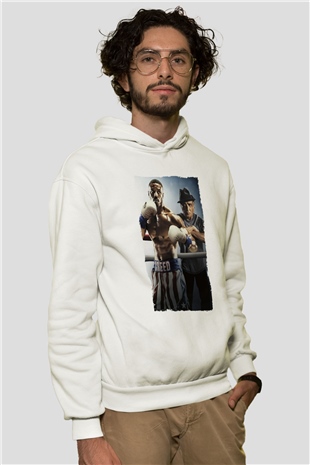 Unisex Creed II Baskılı Beyaz Kapüşonlu Sweatshirt