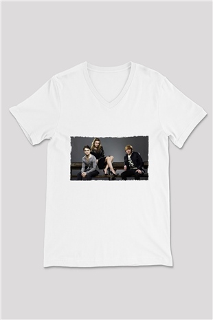 Unisex Daniel Radcliffe - Emma Watson and Rupert Grint Baskılı Beyaz V Yaka Tişört