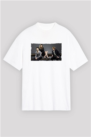 Unisex Daniel Radcliffe - Emma Watson and Rupert Grint Baskılı Beyaz Oversize Tişört