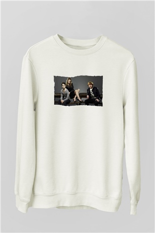 Unisex Daniel Radcliffe - Emma Watson and Rupert Grint Baskılı Beyaz Sweatshirt