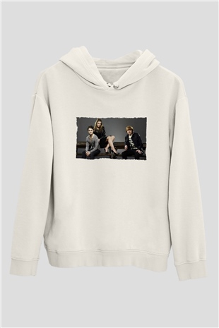 Unisex Daniel Radcliffe - Emma Watson and Rupert Grint Baskılı Beyaz Kapüşonlu Sweatshirt
