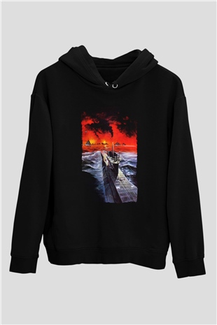 Unisex Das Boot Baskılı Siyah Kapüşonlu Sweatshirt