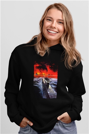Unisex Das Boot Baskılı Siyah Kapüşonlu Sweatshirt