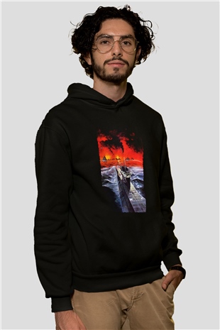 Unisex Das Boot Baskılı Siyah Kapüşonlu Sweatshirt