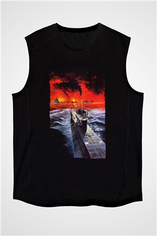 Unisex Das Boot Baskılı Siyah Kolsuz Tshirt