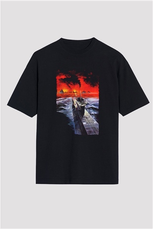 Unisex Das Boot Baskılı Siyah Oversize Tshirt