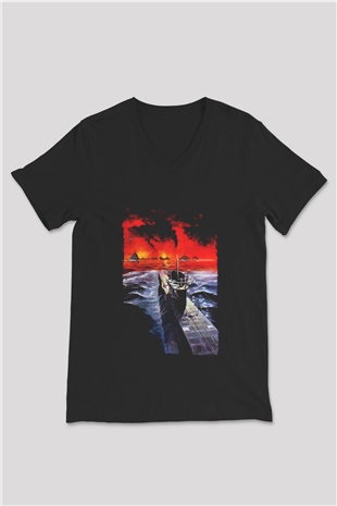 Unisex Das Boot Baskılı Siyah V Yaka Tshirt