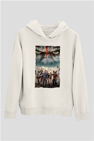 Unisex Dawn of the Planet of the Apes - Maymunlar Cehennemi Şafak Vakti Baskılı Beyaz Kapüşonlu Sweatshirt