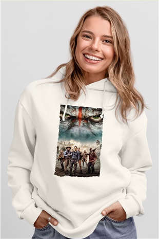 Unisex Dawn of the Planet of the Apes - Maymunlar Cehennemi Şafak Vakti Baskılı Beyaz Kapüşonlu Sweatshirt