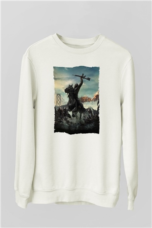 Unisex Dawn of the Planet of the Apes - Maymunlar Cehennemi Şafak Vakti Baskılı Beyaz Sweatshirt