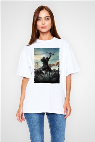 Unisex Dawn of the Planet of the Apes - Maymunlar Cehennemi Şafak Vakti Baskılı Beyaz Oversize Tişört